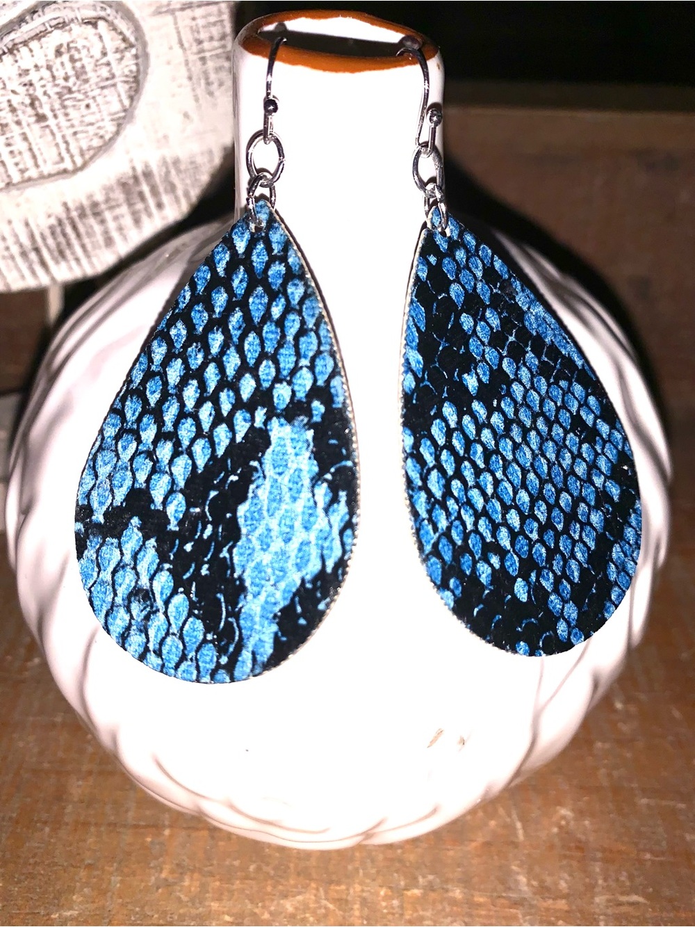 Blue Snake-Print Teardrop Faux Leather Earrings